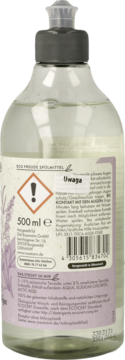 Tył butelki naturalnego płynu do naczyń Eco Freude, lawenda i cytrus, z etykietą i ostrzeżeniem.