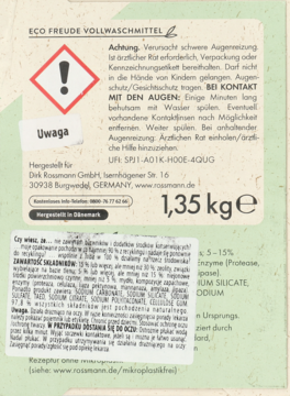 Tył opakowania proszku do prania Eco Freude 1,35 kg, z symbolem ostrzegawczym i polskimi informacjami o składzie.