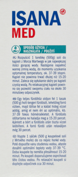 ISANA MED Sól do kąpieli z Morza Martwego, białe opakowanie z niebiesko-czerwonym logo i instrukcjami użycia.