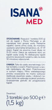 Tył białego opakowania soli ISANA MED z Morza Martwego. Instrukcje użycia, ostrzeżenia, waga 1,5 kg.