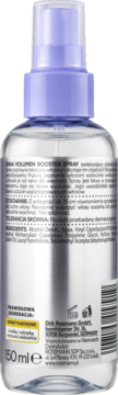 Tył butelki ISANA VOLUME BOOSTER Spray 150ml, zwiększający objętość włosów, z fioletową pompką i etykietą.