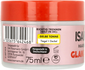 Tylna strona różowego wosku do włosów Rossmann w słoiku 75 ml z czerwonym wieczkiem, widoczne etykiety.