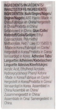 Tył opakowania sztucznych paznokci, ze szczegółowym wykazem składników i miejscem produkcji.
