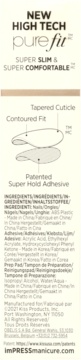 Pionowa etykieta z diagramem paznokci imPRESS Pure Fit, opisująca super slim, contoured fit i super hold adhesive.
