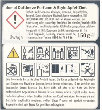 Tył opakowania domol Duftkerze Apfel-Zimt, 150g, z ostrzeżeniami, piktogramami i danymi producenta.