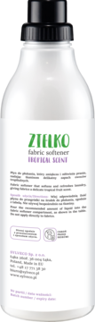 ZIELKO Płyn do płukania Tropical Scent 1000ml, biała butelka z czarną nakrętką, tył z opisem i ikonami.