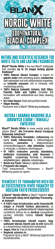 Ulotka BlanX Nordic White: biała ulotka z niebieskim tłem u góry, opisująca pastę wybielającą z naturalnym kompleksem.
