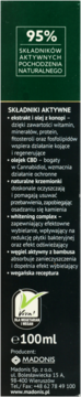 Tył ciemnego opakowania konopnej pasty do zębów Madonis, 100ml, z listą składników aktywnych.