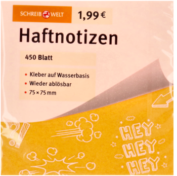 Żółte Haftnotizen SCHREIBWELT, 450 kartek 75x75mm, klej wodny, widoczne przezroczyste opakowanie.