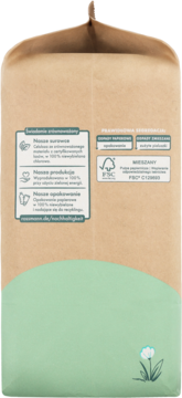 Tył brązowego, papierowego opakowania pieluszek ekologicznych Babydream, z FSC i opisem zrównoważonego rozwoju.