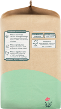 Tył brązowo-zielonej torby ekologicznych pieluszek Babydream Maxi, z informacjami o surowcach i recyklingu.