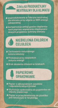 Zielony panel informacyjny z opakowania Babydream Pieluszki ekologiczne, opisujący neutralność węglową, celulozę i papierowe opakowanie.