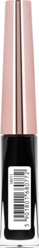 Wegański eyeliner NAM w czarnej butelce z metaliczną, różowo-złotą zakrętką, widok z przodu, widoczny kod kreskowy.
