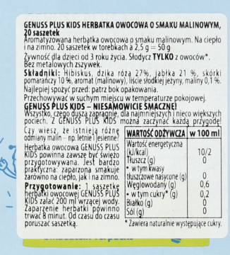 Tył niebieskiego opakowania malinowej herbatki Genuss Plus Kids dla dzieci, z tabelą wartości odżywczych i składnikami.