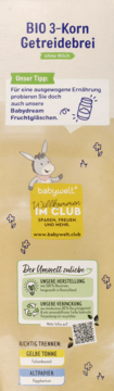 Panel opakowania Babydream BIO 3-zbożowej kaszki bezmlecznej. Widoczne info o BIO, ekologii i recyklingu.