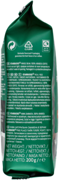 Zielona torebka kawy Starbucks ziarnistej, widok z tyłu z informacjami o wadze netto 200g.