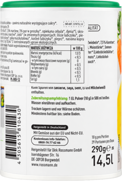 Tył opakowania proszku warzywnego ALITAT Rossmann. Biała tuba z zieloną górą, danymi odżywczymi i sposobem przygotowania.
