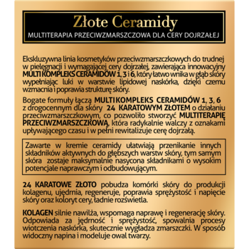 Etykieta kosmetyku Złote Ceramidy, krem przeciwzmarszczkowy z 24k złotem, złoty kolor, czarny tekst.