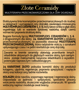 Złoty panel informacyjny kremu przeciwzmarszczkowego z ceramidami, złotem i kolagenem dla cery dojrzałej.