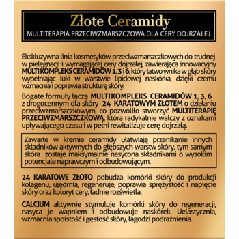 Złota etykieta kremu Złote Ceramidy, z 24K złotem i ceramidami, dla cery dojrzałej.