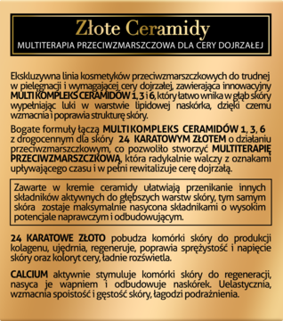 Złota etykieta kremu Złote Ceramidy, multiterapia przeciwzmarszczkowa z 24k złotem dla cery dojrzałej, widok z przodu.