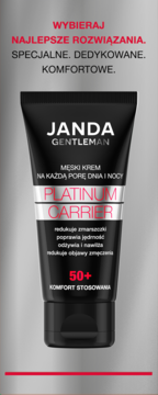 Męski krem Janda Gentleman Platinum Carrier 50+ w czarnej tubce z srebrnym paskiem, widok z przodu.