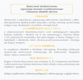 Lista składników aktywnych kremu Dermika Luxury Ceramides, z wyróżnionymi złotymi nagłówkami na białym tle.