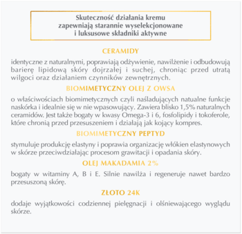 Dermika Luxury Ceramides 60+ krem, zbliżenie na panel tekstowy z opisem składników aktywnych: ceramidy, olej z owsa.