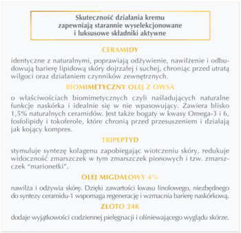 Dermika Luxury Ceramides 70+ krem: tekst ze spisem i właściwościami składników aktywnych, beżowe tło.