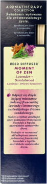 Glade Reed Diffuser Moment of Zen, Lavender + Sandalwood. Dark blue box, frontal view, with botanicals.