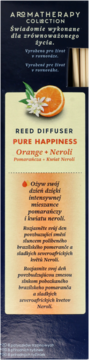 Opakowanie dyfuzora Glade Pure Happiness Orange+Neroli, przód, pomarańcza z kwiatami na żółtej etykiecie.