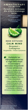 Glade Aromatherapy Reed Diffuser Calm Mind, bergamot + lemongrass scent, dark box with light label, front view.