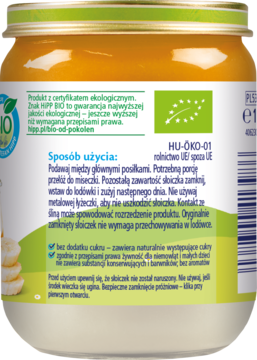 Tył słoiczka HiPP BIO z bananowym musem dla dzieci, z etykietą, instrukcją użycia i certyfikatem ekologicznym.