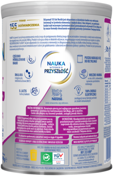 PreNAN specjalna żywność, tył białego pojemnika z fioletowymi i złotymi detalami, widoczny polski tekst.