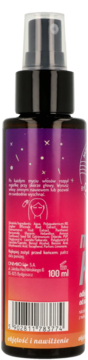 Tył butelki mgiełki do włosów Hair in Balance 100ml. Fioletowo-różowa etykieta z tekstem i kodem kreskowym.