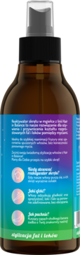 Hair in Balance curl reactivator mist, back of brown bottle with blue label, showing product details.