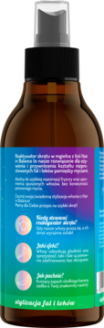Tył brązowej butelki reaktywatora skrętu Hair in Balance. Etykieta opisuje działanie i słodki bananowy zapach.