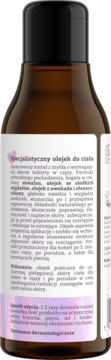 Brązowa butelka specjalistycznego olejku do ciała, widok z tyłu, z białą etykietą i opisem dla kobiet w ciąży.