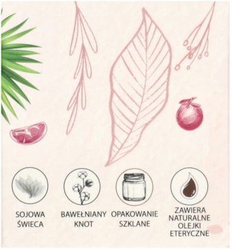 Grafika o świecy sojowej z ikonami: sojowa świeca, bawełniany knot, szklane opakowanie, naturalne olejki eteryczne.