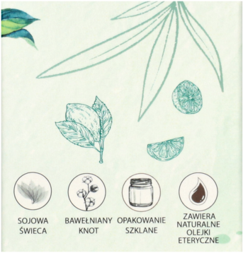 Świeca sojowa: grafika z ikonami opisującymi cechy - bawełniany knot, szklane opakowanie, naturalne olejki.