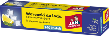 Niebiesko-żółte pudełko woreczków do lodu JAN Niezbędny, samozamykające, 240 kostek, z grafiką lodu i cytryny.