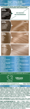 Garnier Color Naturals Ultra Blond hair dye info sheet. Displays hair color results, warnings, and ingredients.