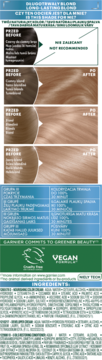 Garnier Long-Lasting Blond hair dye: color chart with before/after results for dark to light blond hair.