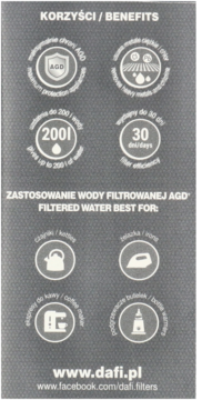 Ciemna ulotka filtra AGD Dafi: ochrona sprzętu, usuwanie metali, filtrowanie 200l, wydajność 30 dni.