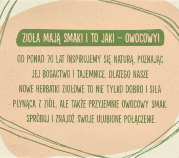 Karta produktu z zielonym napisem o herbacie ziołowo-owocowej: 'Zioła mają smaki i to jaki - owocowy!'