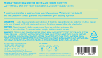 Tył zielonego opakowania Missha Talks Vegan Squeeze Sheet Mask Hydro Booster, z listą składników i kodem kreskowym.
