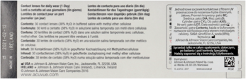 Tył kartonowego opakowania soczewek ACUVUE Oasys 1-Day, z opisami produktu w wielu językach i kodem QR.