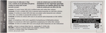Biały tył opakowania soczewek Acuvue Oasys 1-Day HydraLuxe z wielojęzycznym tekstem i kodem QR.