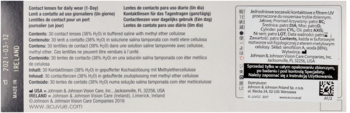 Tylna część opakowania soczewek ACUVUE Oasys 1-Day z HydraLuxe, białe, z tekstem i QR kodem.