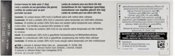 Tył opakowania jednodniowych soczewek ACUVUE OASYS 1-Day z opisami i danymi producenta w wielu językach.